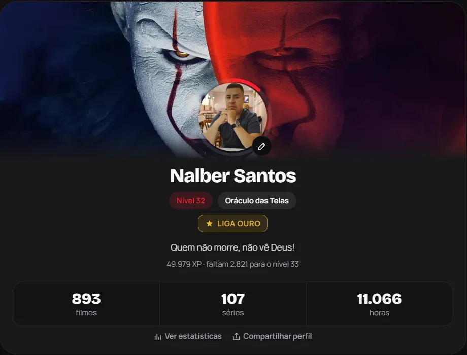 Perfil de Nalber Santos no Vimos: nível 32, 893 filmes, 107 séries e 11.066 horas